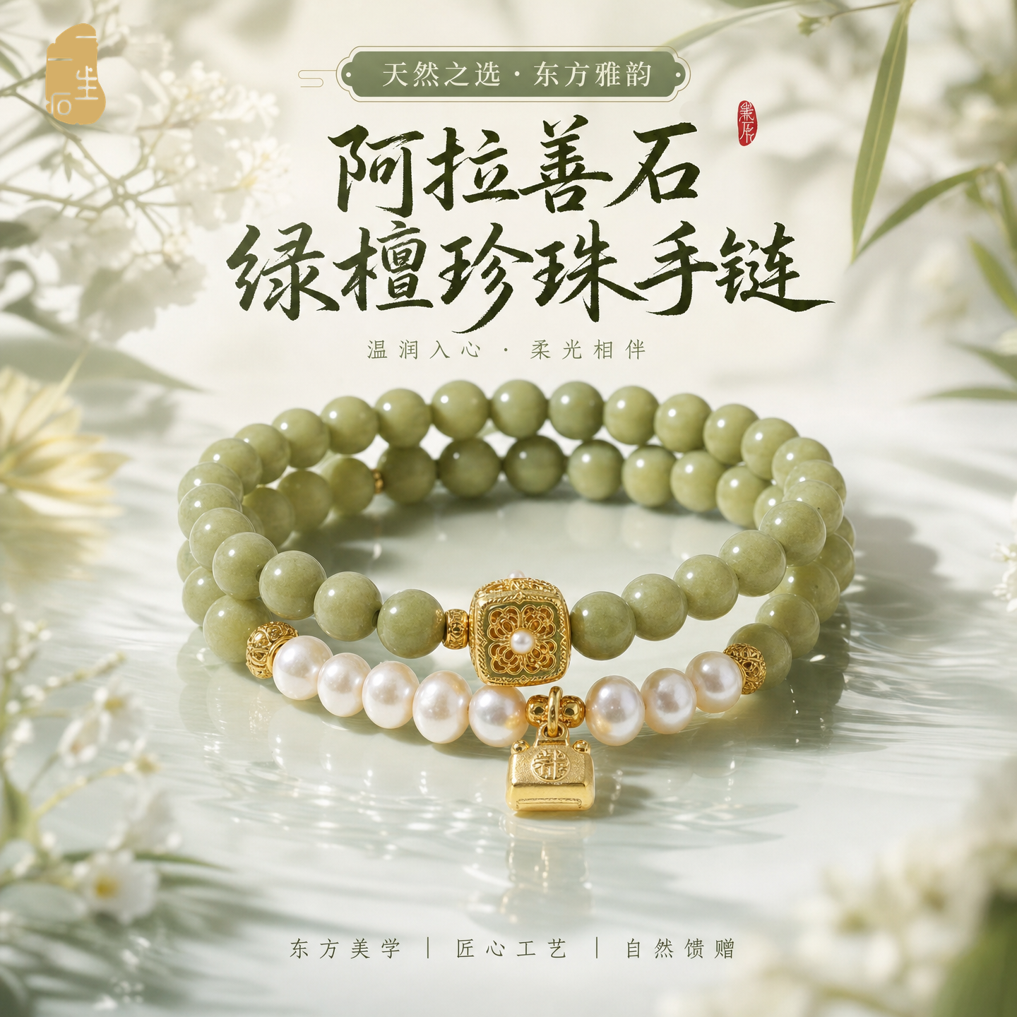 天然阿拉善石手串女绿檀珍珠佛珠手链古风仙气