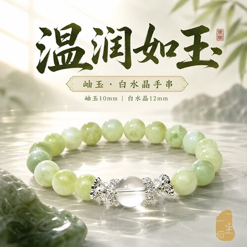 天然岫玉白水晶10mm手串女款