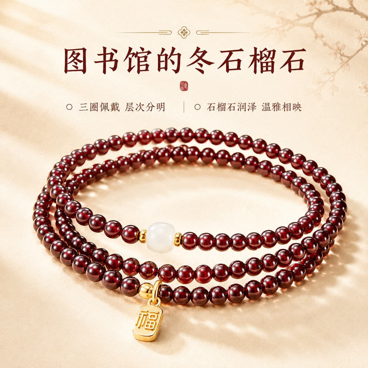 图书馆的冬石榴石手链女款2026新款多层素圈气质镀18k金精美手串