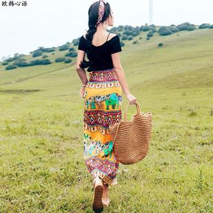 泰国大皇宫大象纱笼裙一片式半身裙围裙式包臀裹裙海边度假沙滩裙