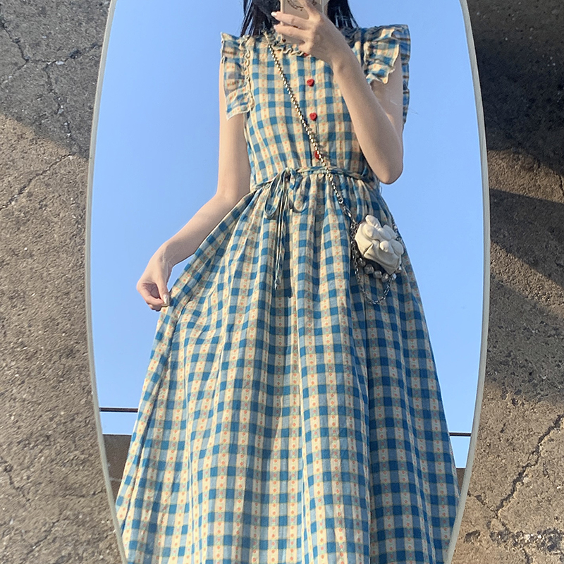 复古气质学院风连衣裙少女夏装2025新款初中高中学生格子收腰长裙