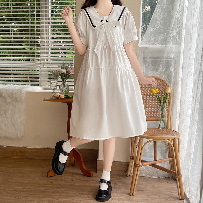 初高中学生夏装女2025新款连衣裙青少年学院风时尚海军领少女长裙