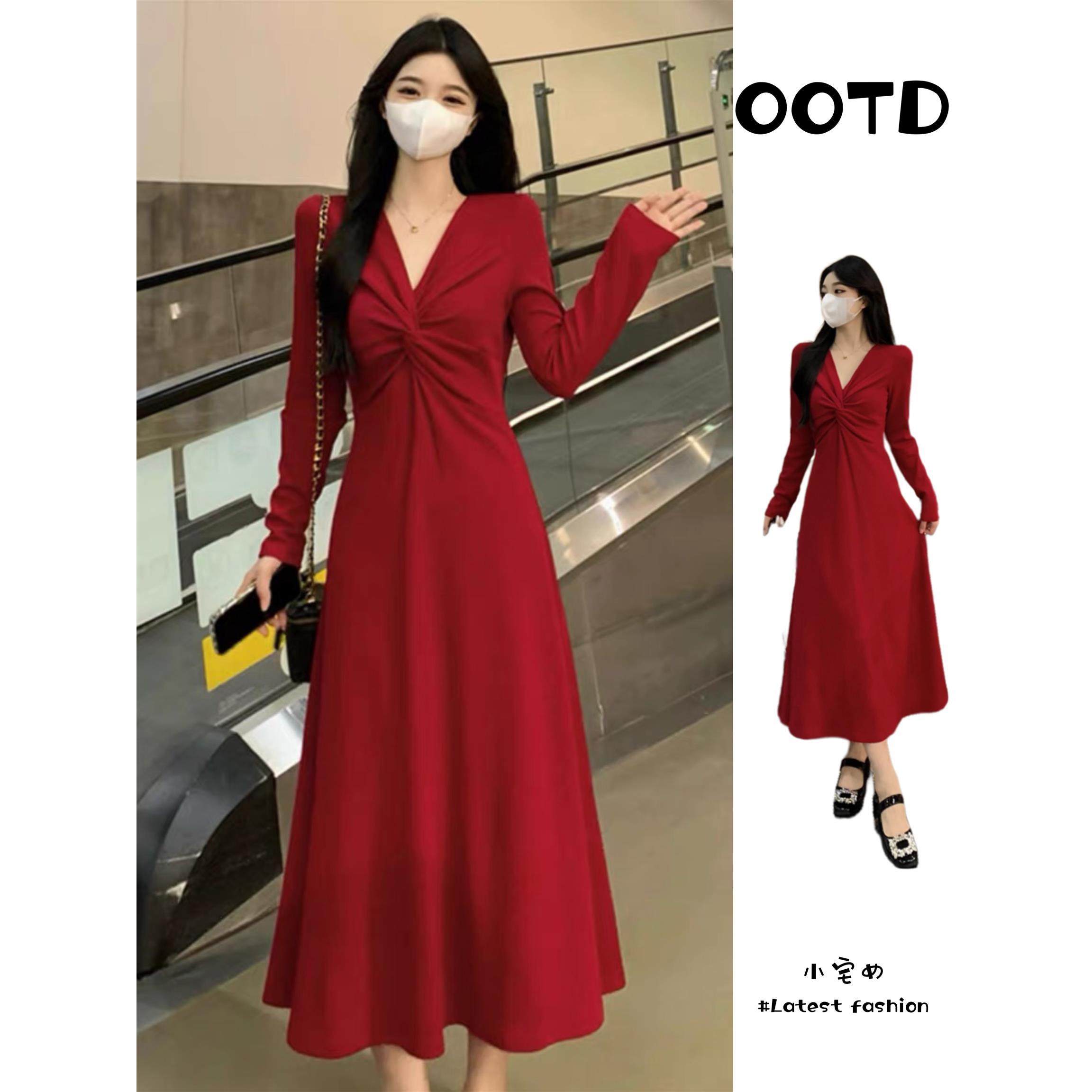 大码女装秋冬新针织连衣裙女胖mm显瘦V领打底裙子法式V领红色长裙