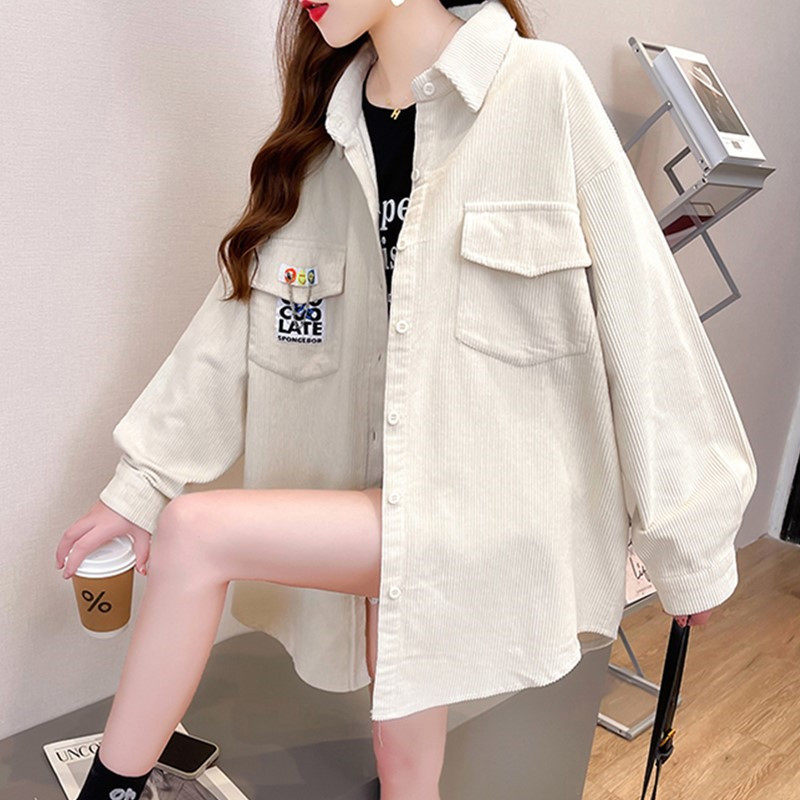 灯芯绒时尚衬衫女春秋2025新款韩版宽松大码bf百搭中长款风衣外套,女装/女士精品,短外套,淘宝优惠券,粉丝福利购,淘宝优惠卷