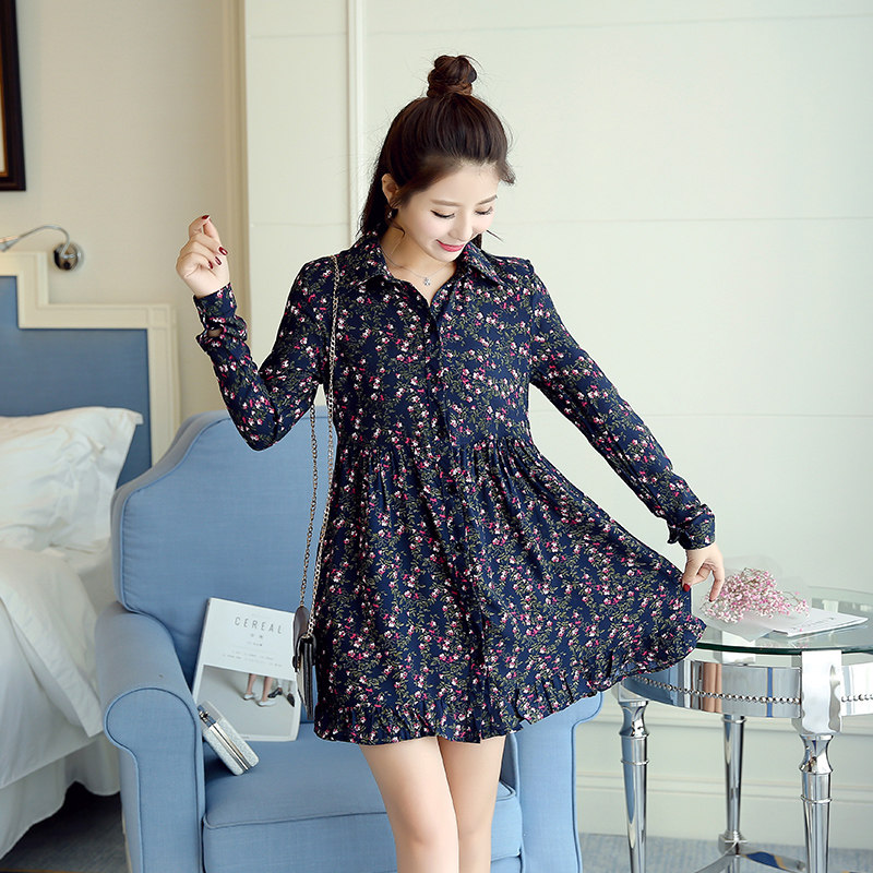 秋装新款宽松立领碎花连衣裙衬衫裙内搭A字打底裙大码女装