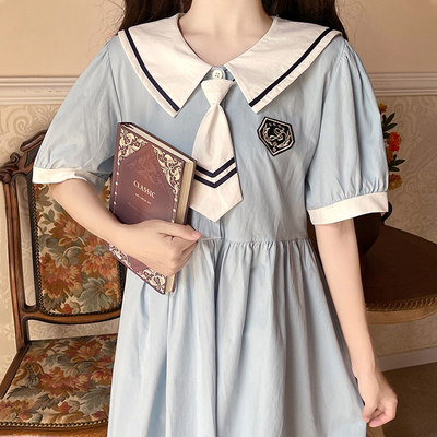 海军领连衣裙少女夏装2025年新款初中高中学生日系收腰显瘦中长裙