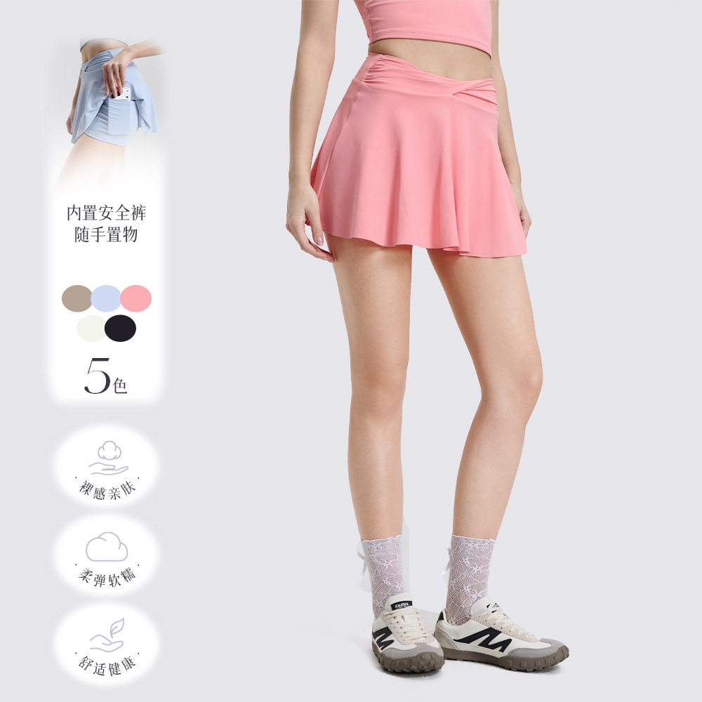 新品假两件高腰纽结运动短裙女防走光网球裙跑步健身裤瑜伽短裙裤