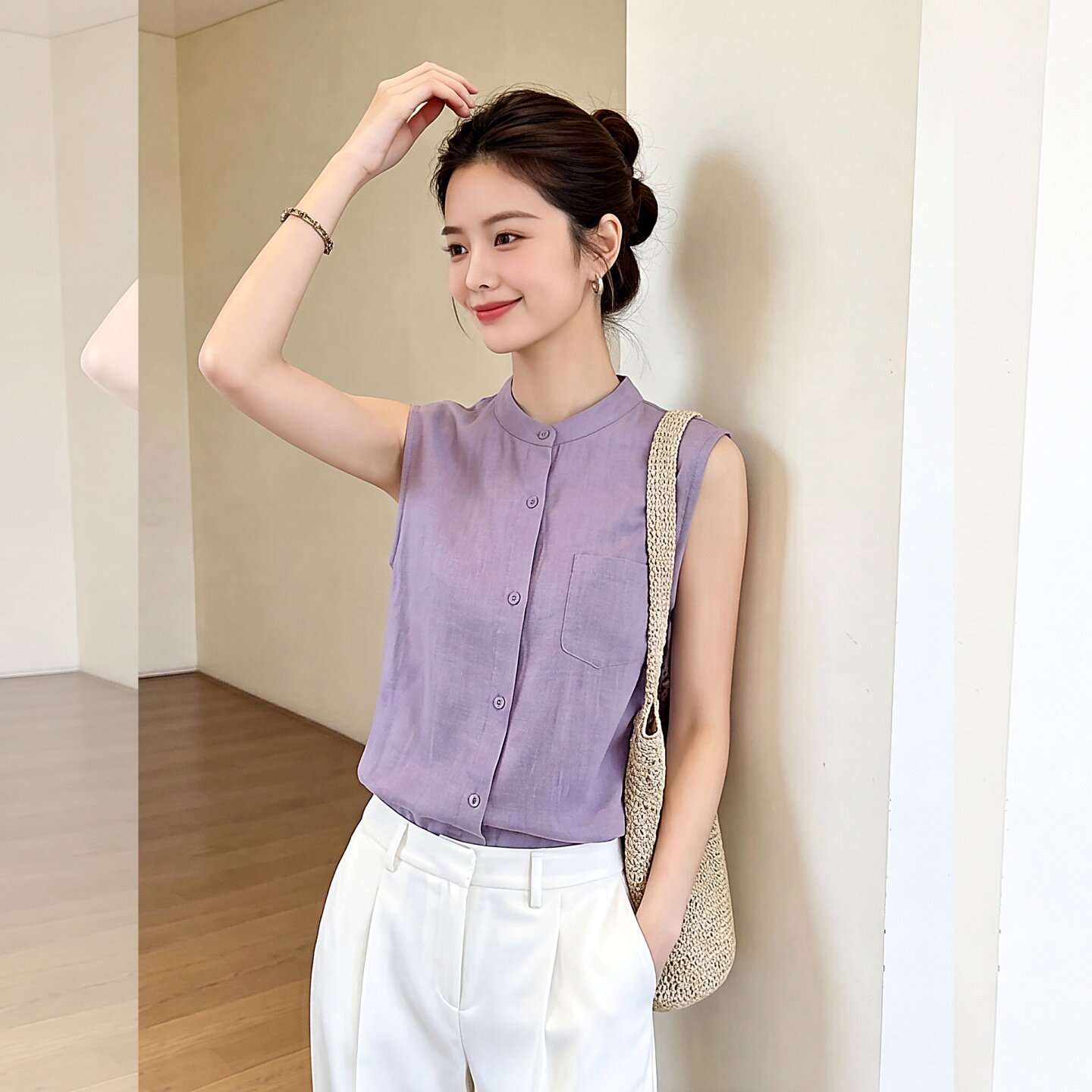 显瘦休闲减龄洋气紫色无袖上衣女