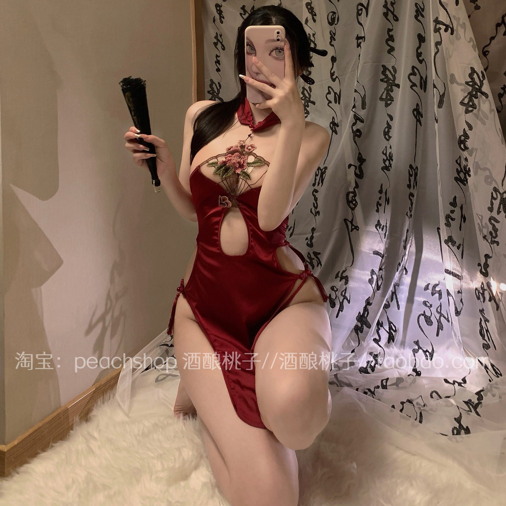 性感旗袍高开叉缎面刺绣旗袍