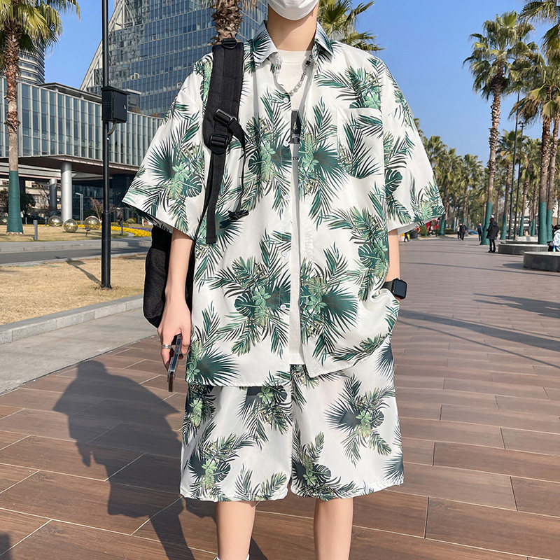 冰丝短袖衬衫套装男夏季潮牌宽松印花衬衣旅行旅游沙滩短裤两件套