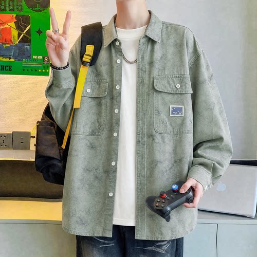 美式复古牛仔衬衫男长袖