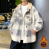 秋冬新款 格子外套男士 宽松连帽休闲棉夹克青少年学生加棉加厚上衣