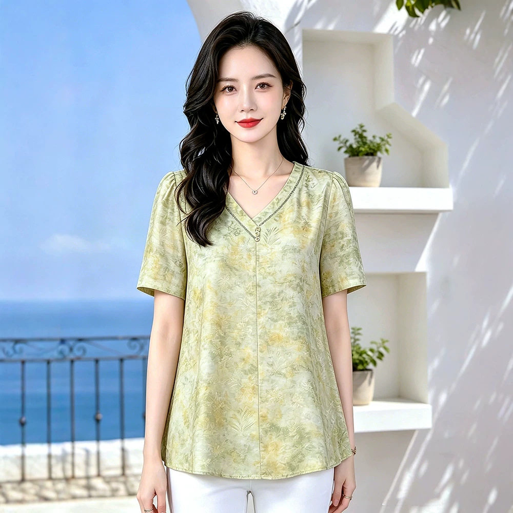 加肥加大码女上衣宽松短袖T恤雪纺衫200斤胖妈妈洋气时尚夏装衣服
