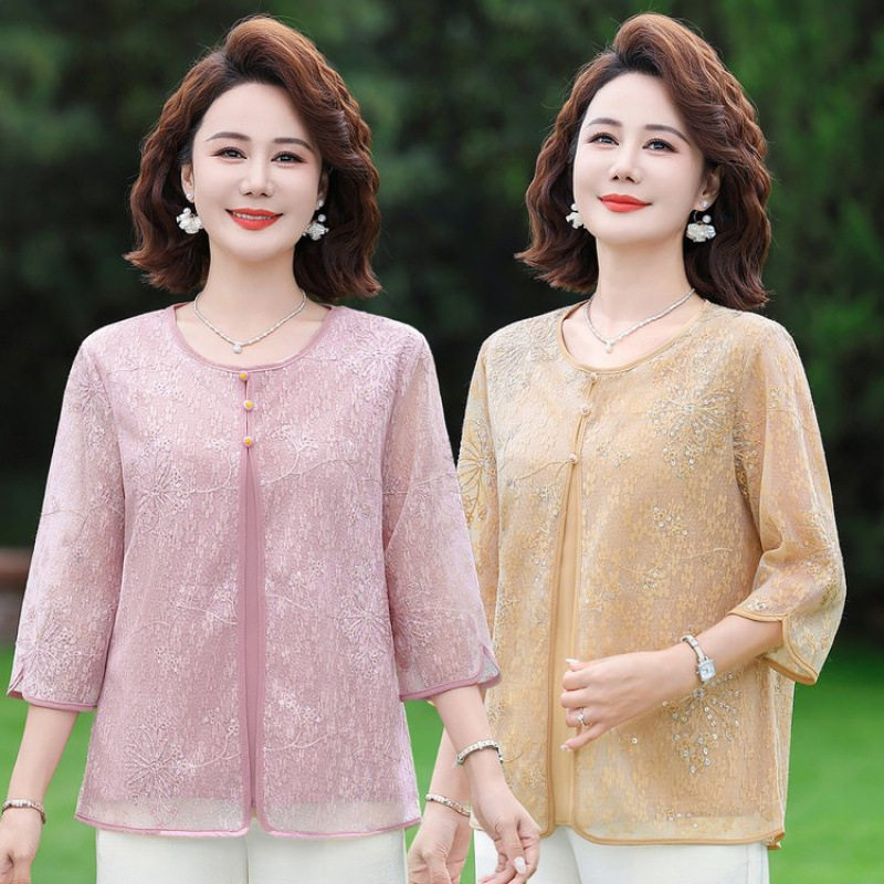中老年女装夏装七分袖雪纺衫T恤