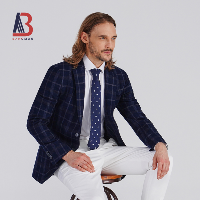 BAROMON/培罗蒙2025秋季新款男士羊毛西装藏蓝格子纯羊毛单西外套