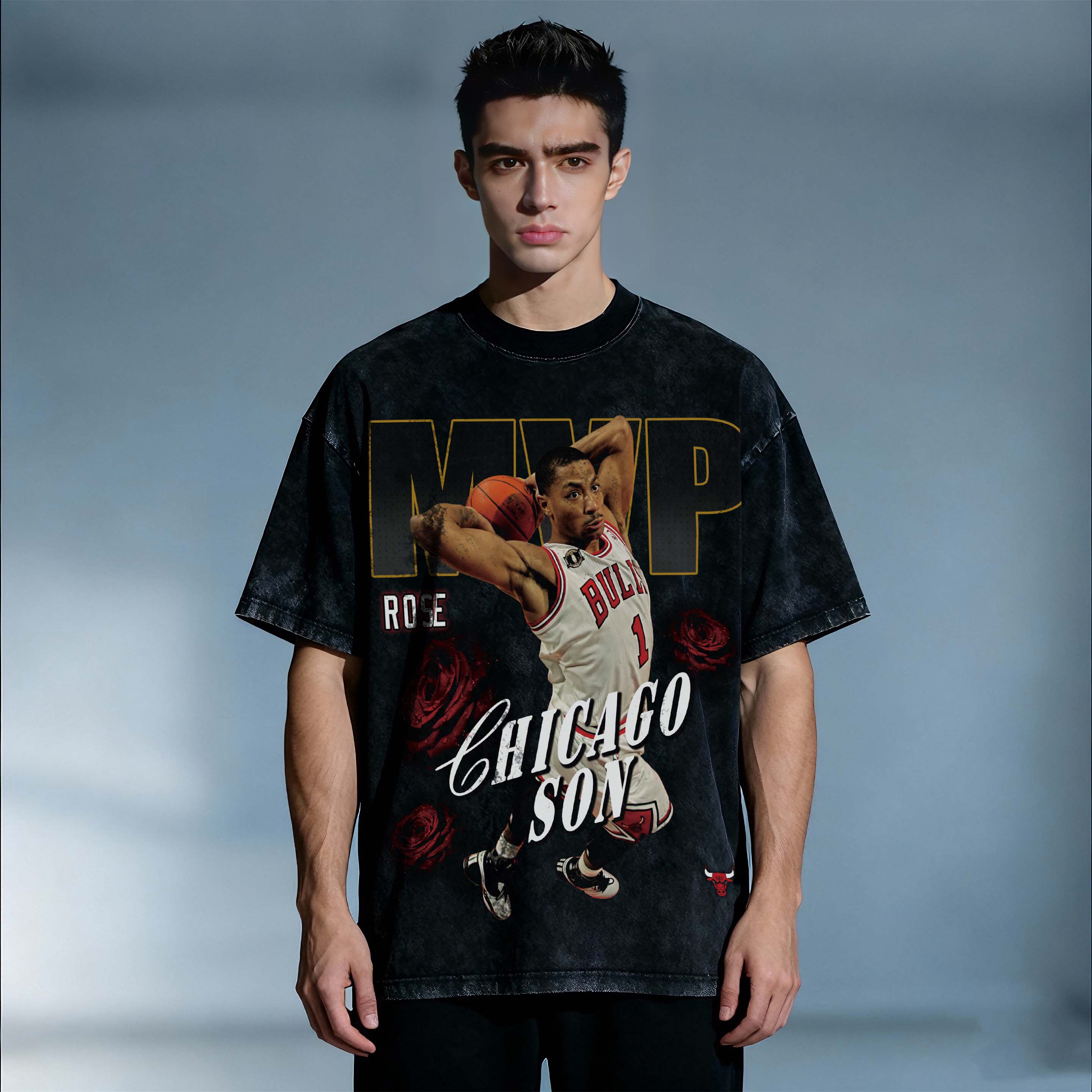 风城玫瑰rose罗斯暴扣篮球BA牛公美式vintage复古做旧纯棉短袖T恤