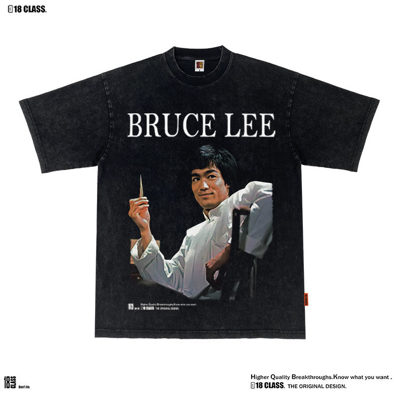原创BruceLee李小龙美式宽松国潮复古做旧重磅洗水纯棉短袖T卫衣