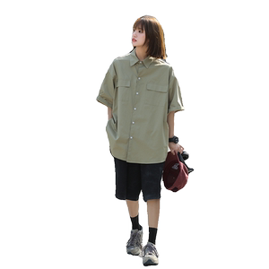 cityboy中性风原创工装短袖衬衫女港风文艺白色学生衬衣五分袖图片