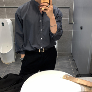 春夏韩新款立领衬衣男士青年流行韩版潮流休闲百搭抗皱衬衫简约图片