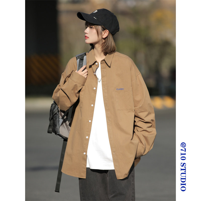 日系复古多口袋设计感衬衫女秋薄款潮牌外套情侣学生休闲衬衫bf,男装衬衫,星座710