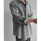 条纹休闲衬衫男秋季宽松长袖衬衣韩版潮流翻领上衣XZ710-806P50，男装衬衫，星座710