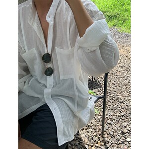春季亚麻长袖衬衫男纯色宽松韩版潮流休闲上衣麻衬衣3419P45图片