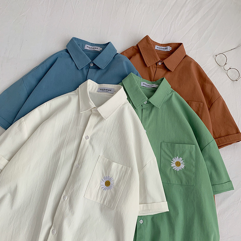 男式全棉衬衫韩版oversize半袖上衣夏季纯色短袖衬衣外套，男装T恤，星座710