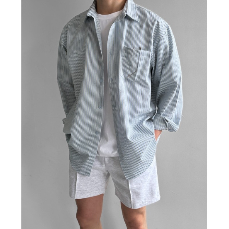 条纹休闲衬衫男秋季宽松长袖衬衣韩版潮流翻领上衣XZ710-806P50，男装衬衫，星座710