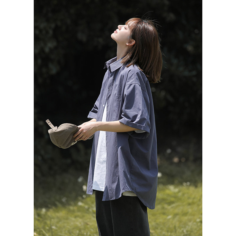 白色短袖衬衫女夏季学生宽松上衣chic港风复古衬衣高级感7004-P45,男装T恤,星座710