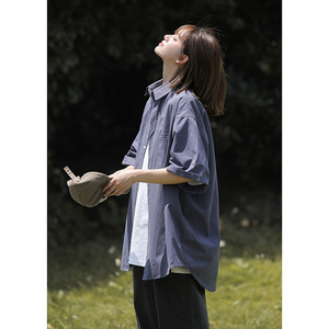 白色短袖衬衫女夏季学生宽松上衣chic港风复古衬衣高级感7004-P45图片