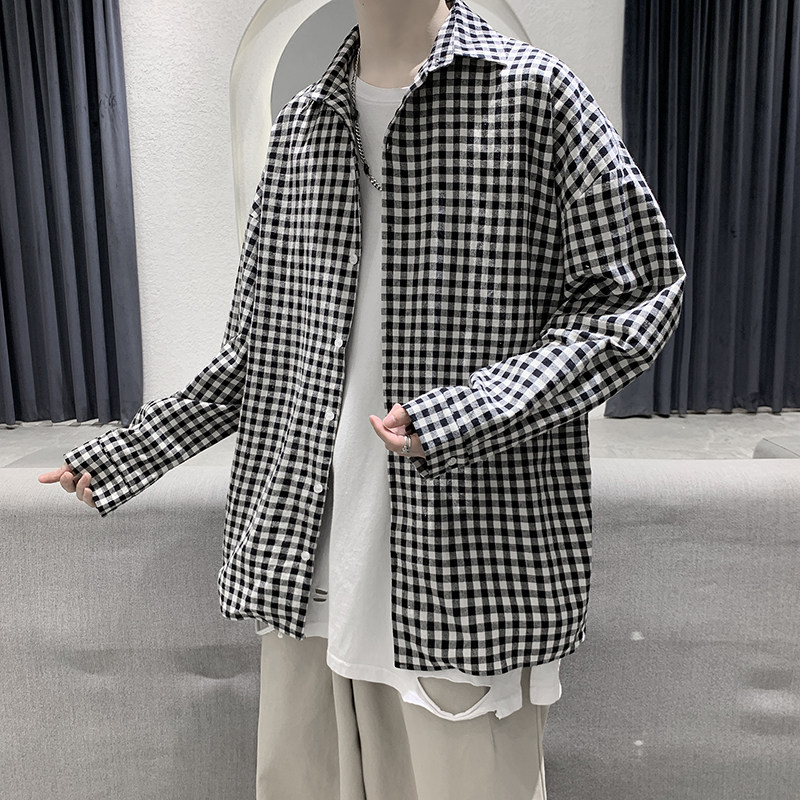 衬衫男港风日系风格穿搭oversize格子衬衣盐系古着外套夏季435P45,男装衬衫,星座710
