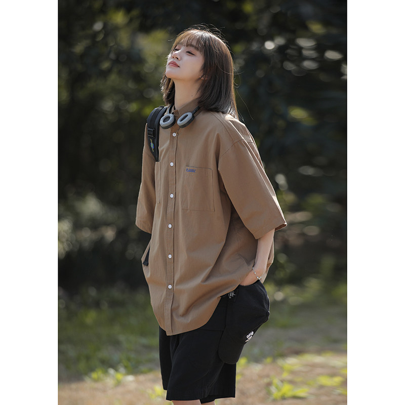 中性情侣衬衫女夏季2025新款短袖上衣宽松领衬衣外套CS09-p45图片