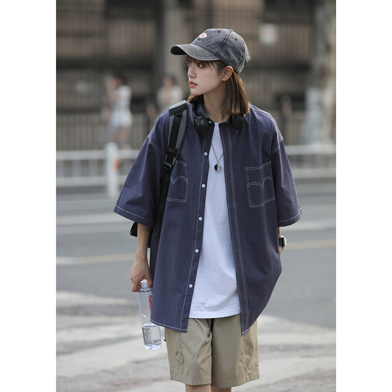 中性衬衫女短袖日系工装上衣小众设计感港风宽松衬衣夏季7003-P45,男装T恤,星座710