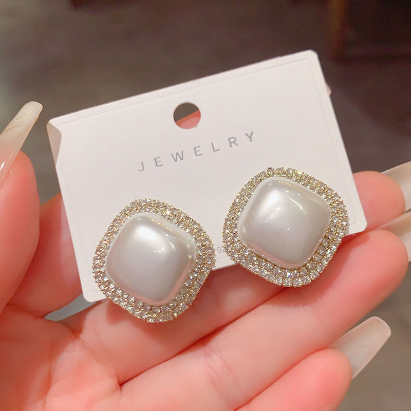 S925大气锆石珍珠耳钉韩国气质时尚方形银针耳环2025年新款潮耳饰