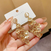 金色镂空树叶流苏耳环女气质小众圆形猫眼石气质网红长款 金属耳饰