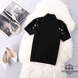 2022春秋女装重工钉珠亮片高领套头短款短袖宽松针织衫毛衣T恤女