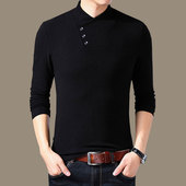 显瘦打底衫 春秋纯棉半高V领长袖 休闲潮流上衣薄款 大码 T恤弹力男士