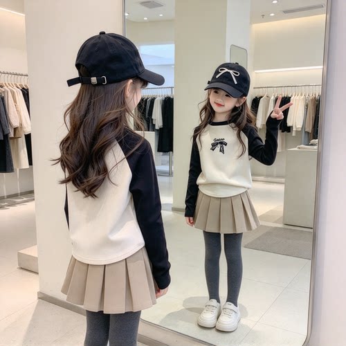 女童纯棉拼接长袖T恤春秋洋气