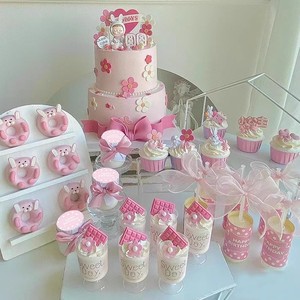 粉色生日主题百天纸杯甜品台布置