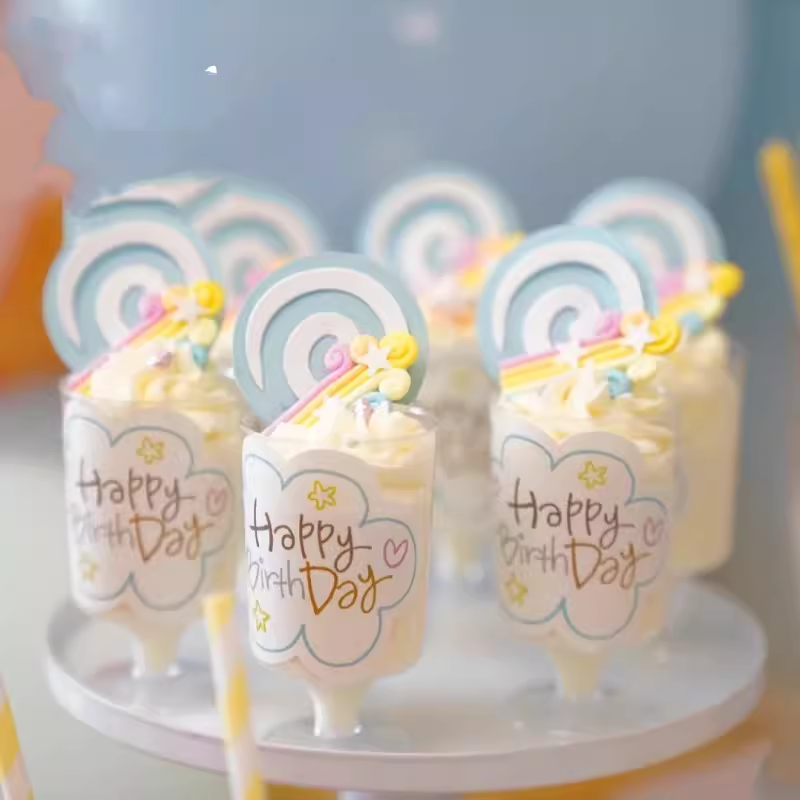 宝宝生日宴甜品台装饰云朵happybirthday慕斯杯小酒杯贴纸推推乐