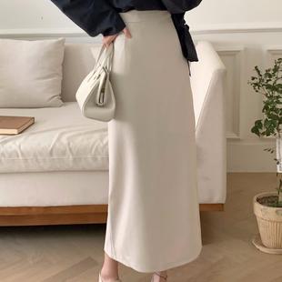 杏色中长款直筒裙女2025秋季西装后开叉半身裙通勤长裙大码一步裙