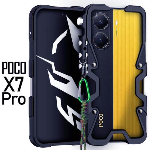 适用于小米POCOX7Pro金属边框式手机壳防摔设计铝合金保护套简约风格个性机械臂挂绳手绳硬外壳透气散热加厚