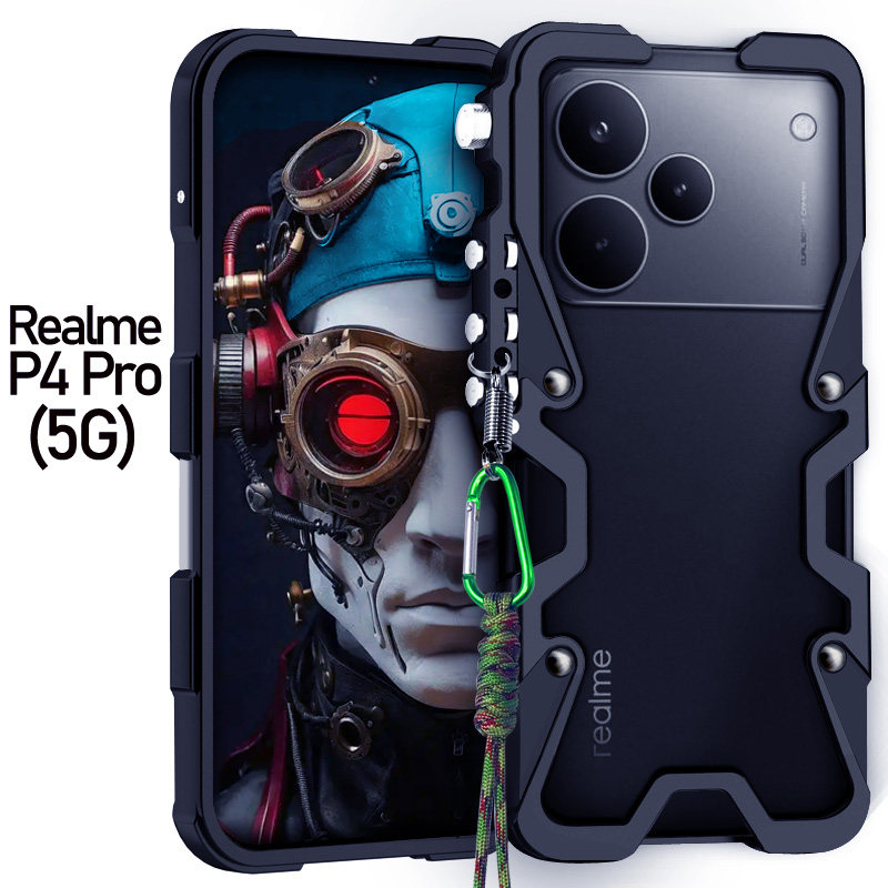 适用于Realme真我P4Pro金属边框式手机壳防摔铝合金保护套挂绳包边中框硬外壳简约镂空透气散热加厚机械加厚图片