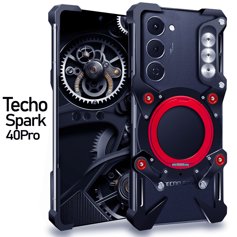适用于infinix传音TechoSpark40Pro+金属手机壳铝合金保护套防摔机械磁吸支架隐形旋转挂绳透气散热镂空硬厚