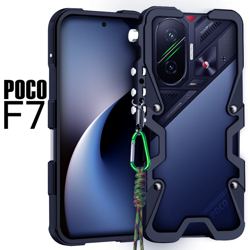 适用于小米POCOF7金属边框式手机壳防摔F6铝合金保护套镂空透气散热硬外壳挂绳机械臂高级新款包边中框简约男
