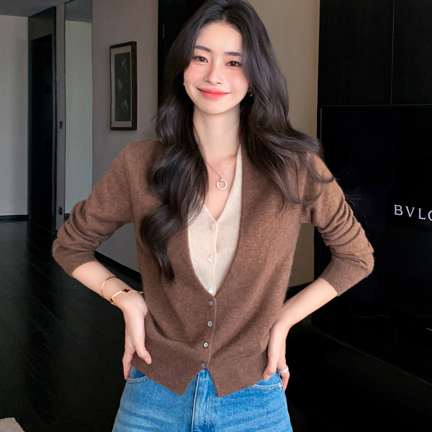 100%纯羊绒衫女V领假两件毛衣