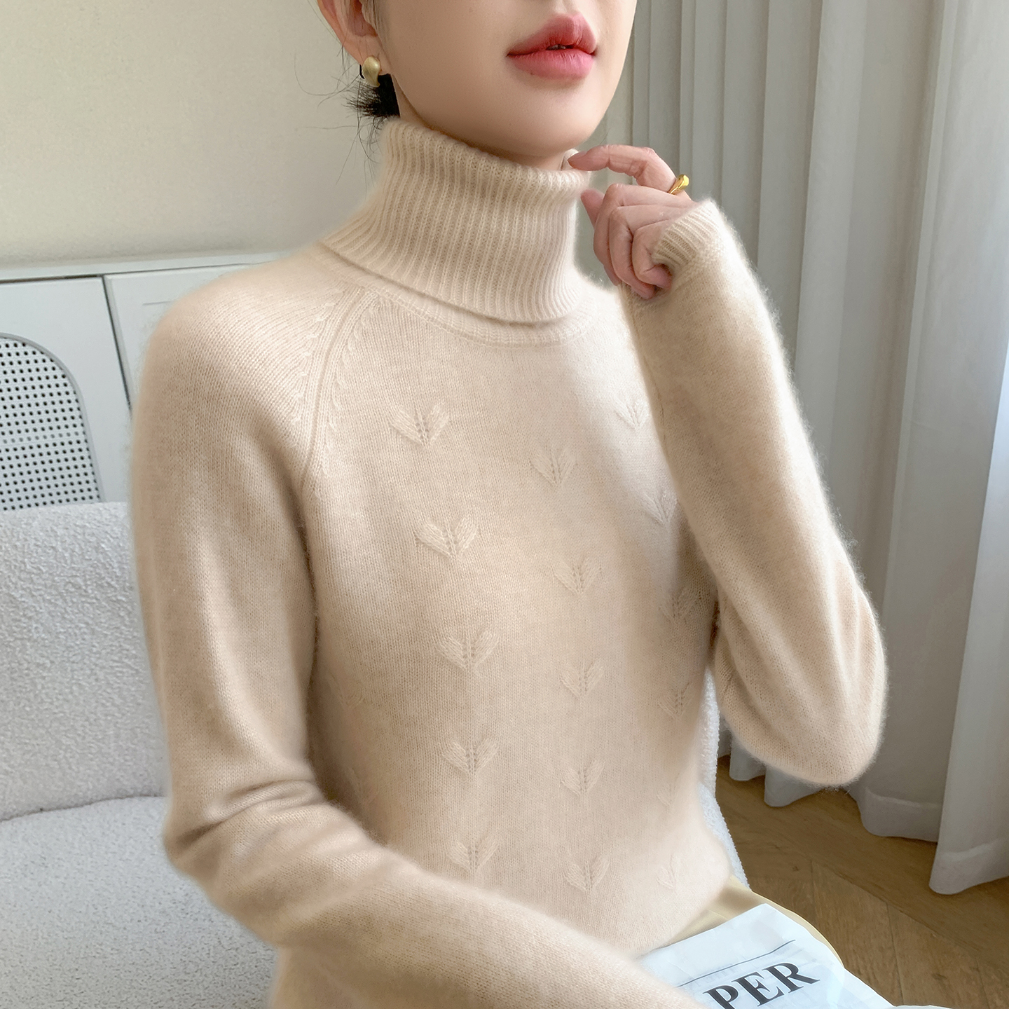 高领爱心100%纯羊绒羊绒针织衫女