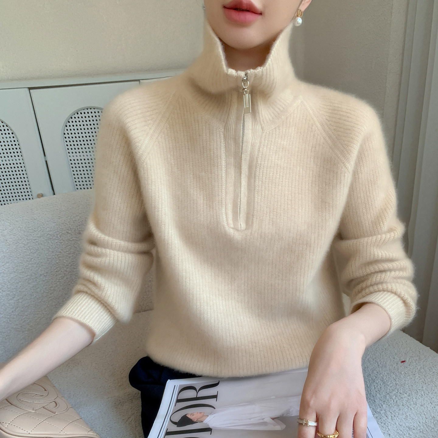 加厚拉链半开领100纯羊绒衫女