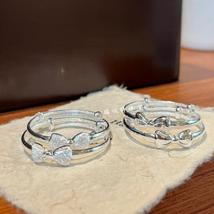 足银999蝴蝶结儿童手镯宝宝银镯子可爱风推拉镯子亲子送周岁礼物