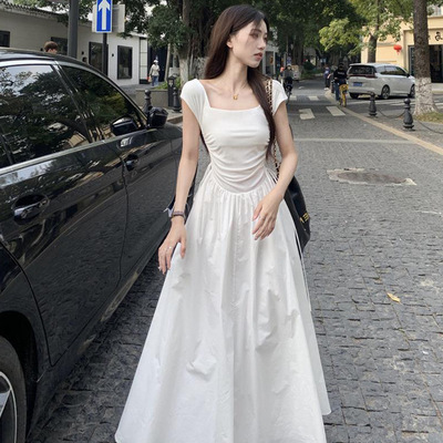 韩系气质温柔风方领短袖连衣裙女夏季系带收腰显瘦初恋小个子长裙